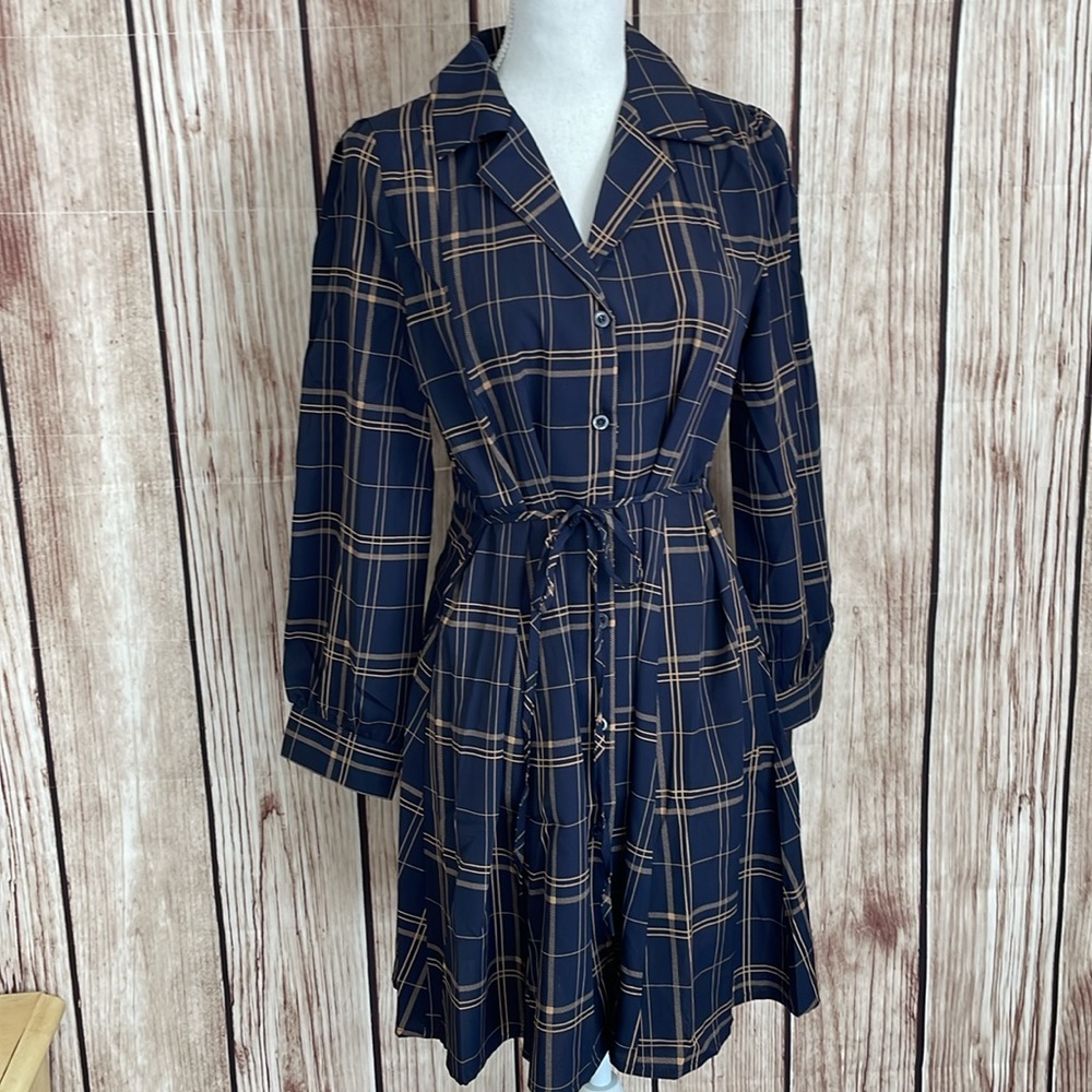 Monroll Blue & Tan Plaid Dress with Tie Large - Picture 2 of 9